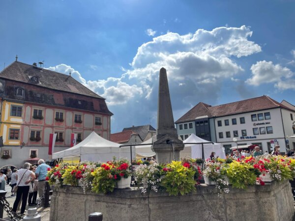Obeliskbrunnen mit Rathaus
